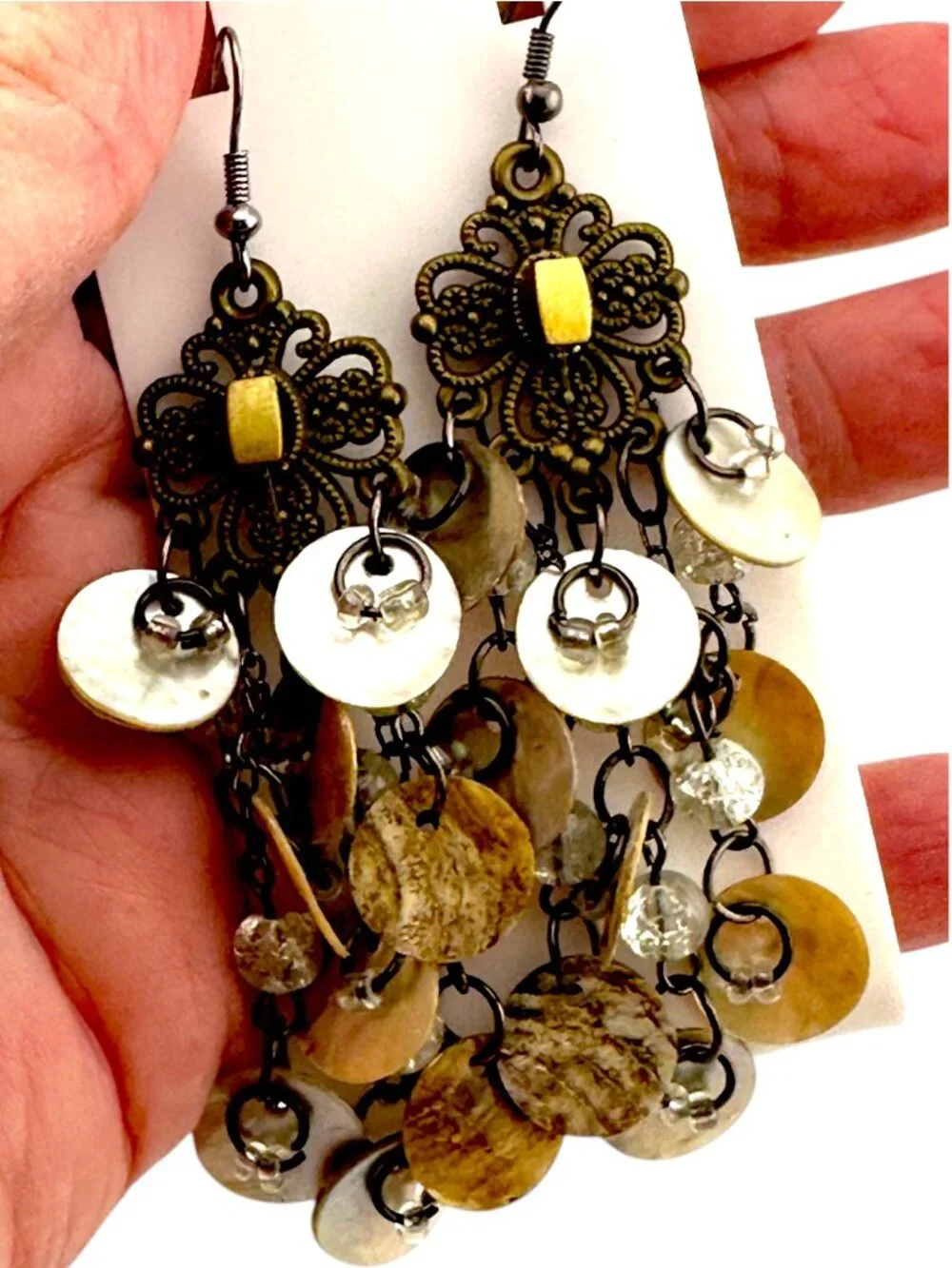 Vintage Mother of Pearl Chandelier Earrings Boho Shell Cascade Dangle 3.5